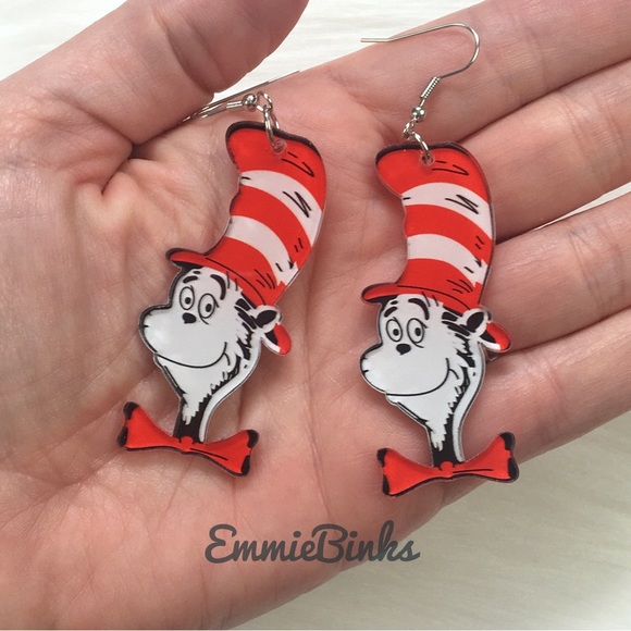 ✨3for$38 New Cat In The Hat Dr. Seuss Illustrated Character Dangle Earrings - Picture 6 of 11